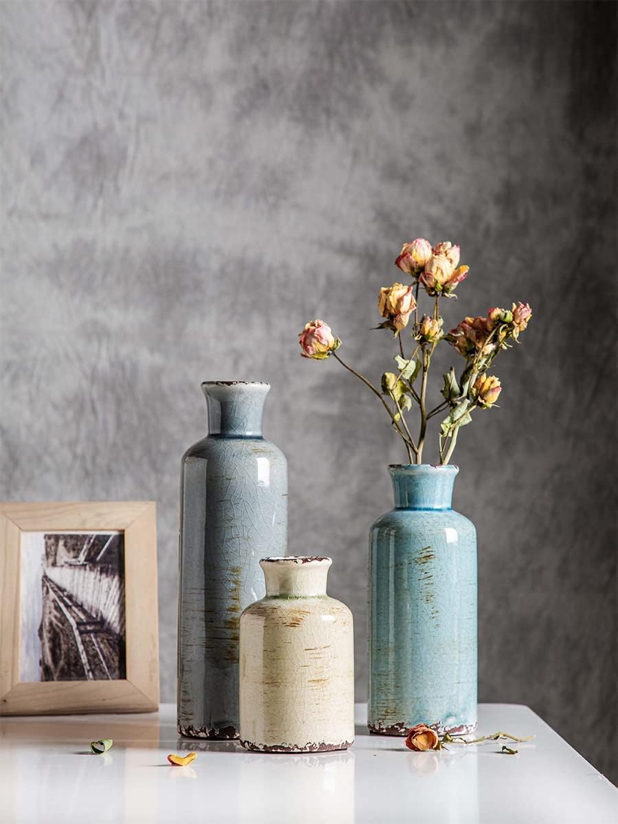 Ceramic Vases Set of 3 Crackled Finish Blue Farmhouse for Home D�cor Tristar Online