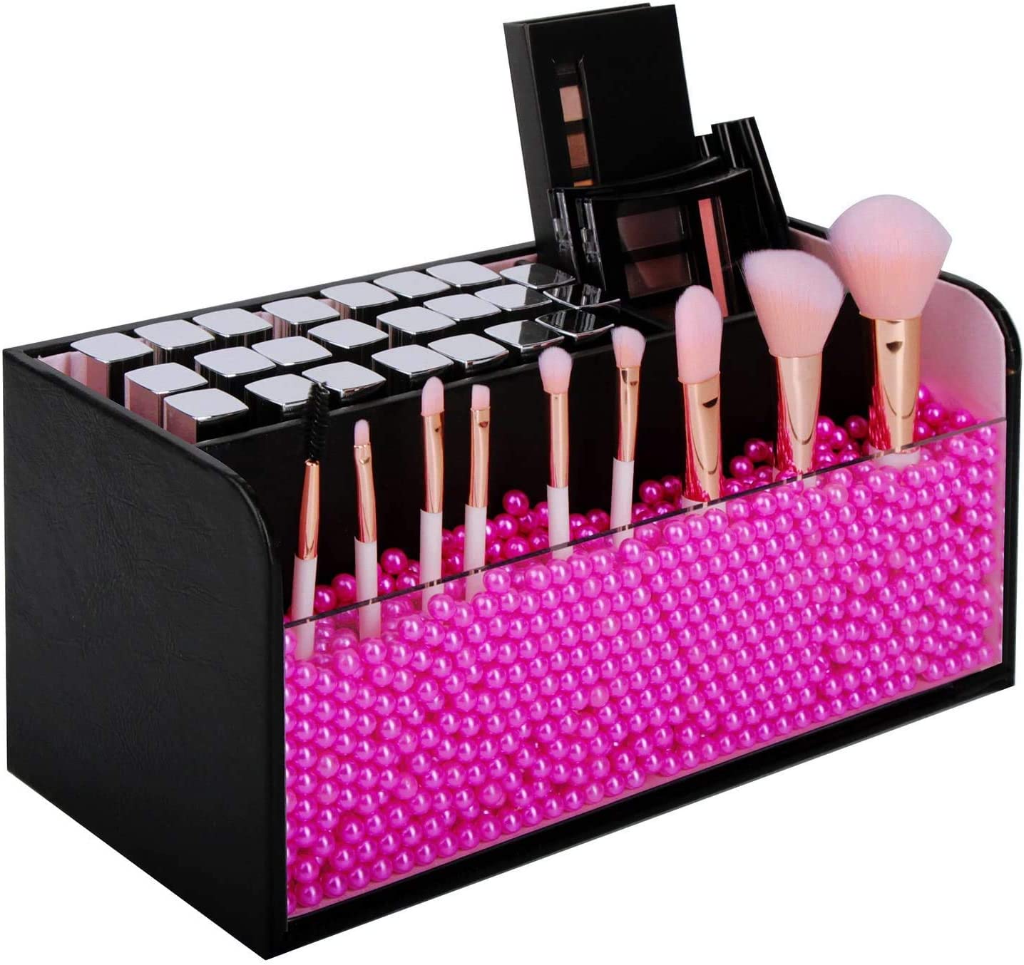 Leather Makeup Brush Cosmetic Organiser Storage Box with Pink Pearls, Acrylic Cover and 3 Compartments(Black) Tristar Online