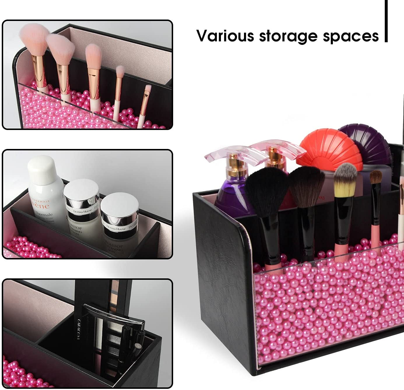 Leather Makeup Brush Cosmetic Organiser Storage Box with Pink Pearls, Acrylic Cover and 3 Compartments(Black) Tristar Online