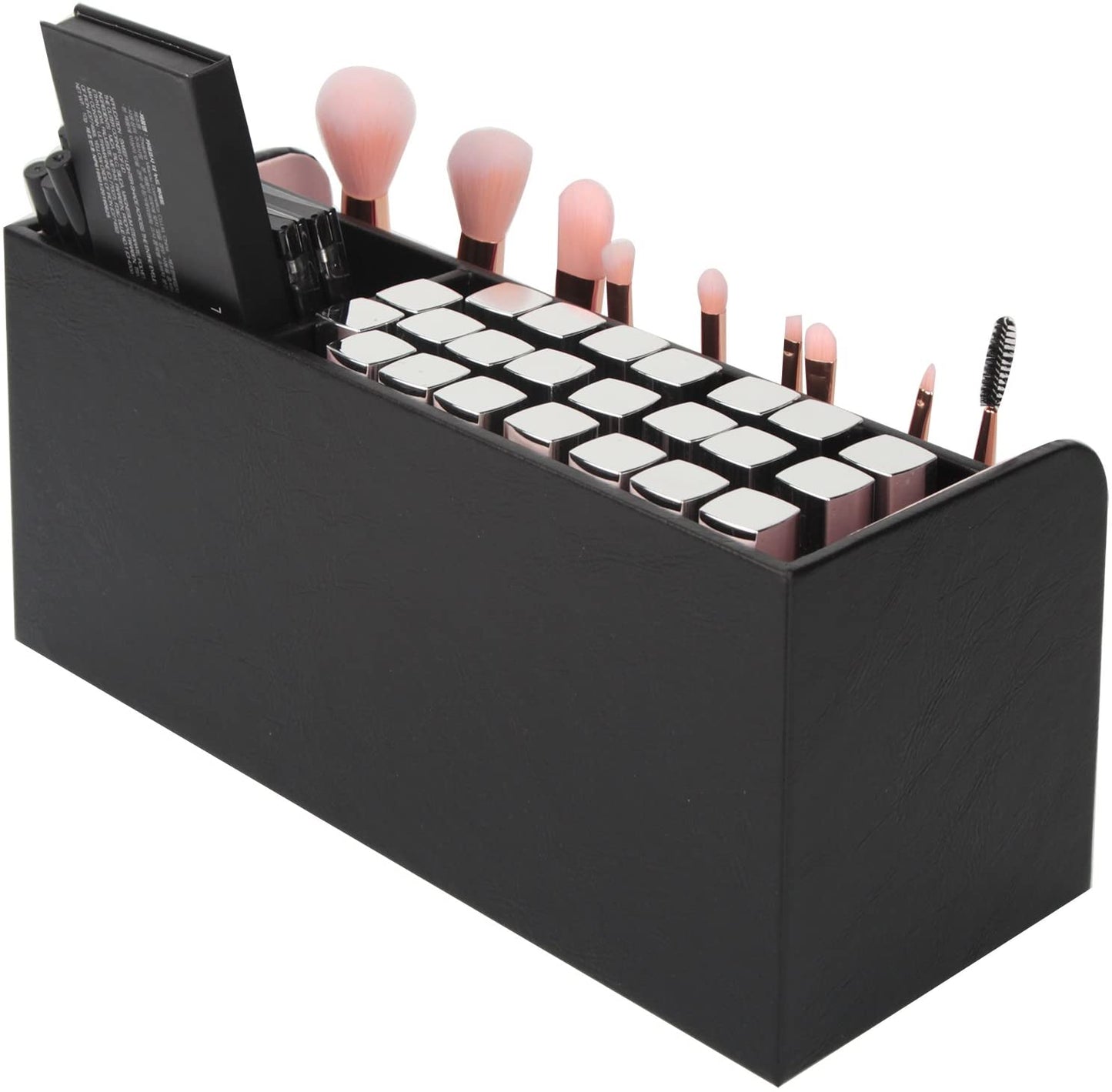 Leather Makeup Brush Cosmetic Organiser Storage Box with Pink Pearls, Acrylic Cover and 3 Compartments(Black) Tristar Online