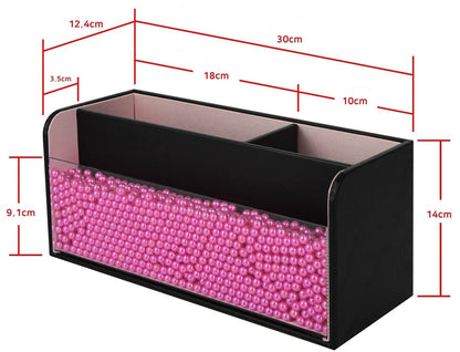 Leather Makeup Brush Cosmetic Organiser Storage Box with Pink Pearls, Acrylic Cover and 3 Compartments(Black) Tristar Online