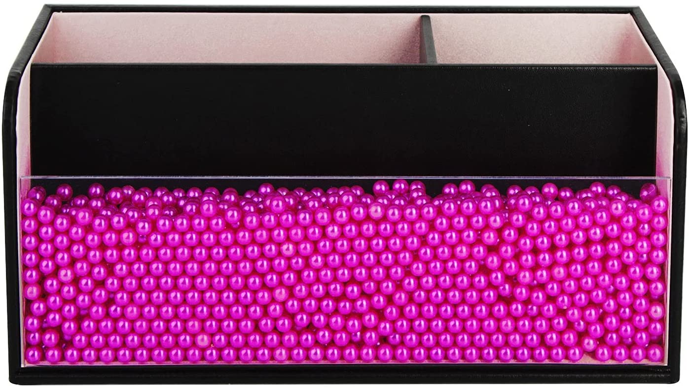 Leather Makeup Brush Cosmetic Organiser Storage Box with Pink Pearls, Acrylic Cover and 3 Compartments(Black) Tristar Online