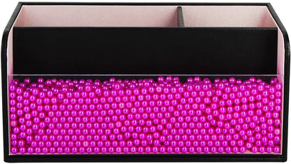 Leather Makeup Brush Cosmetic Organiser Storage Box with Pink Pearls, Acrylic Cover and 3 Compartments(Black) Tristar Online