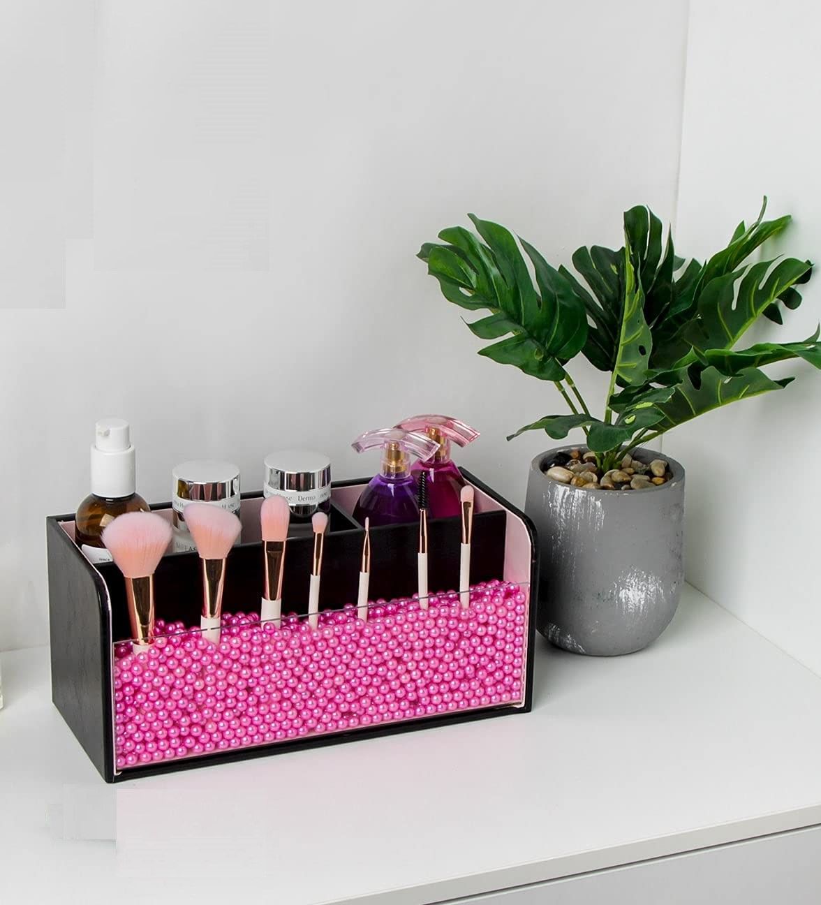 Leather Makeup Brush Cosmetic Organiser Storage Box with Pink Pearls, Acrylic Cover and 3 Compartments(Black) Tristar Online