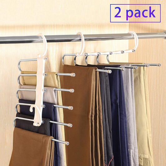 2 Pack Adjustable Multi-Layer 5 in 1 Pants Hanger for Wardrobe and Home Storage (White) Tristar Online