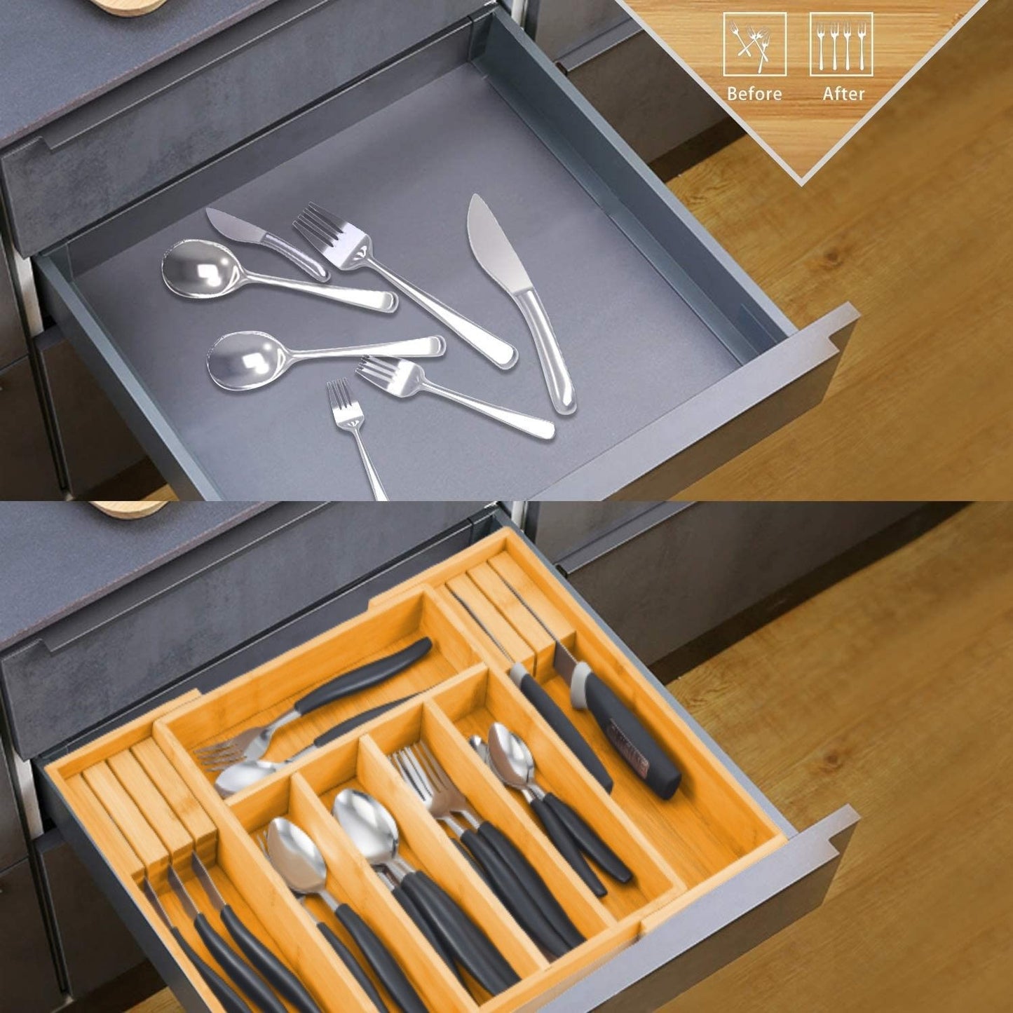 Large Capacity Bamboo Expandable Drawer Organizer with Knife Block Holder for Home Kitchen Utensils Tristar Online
