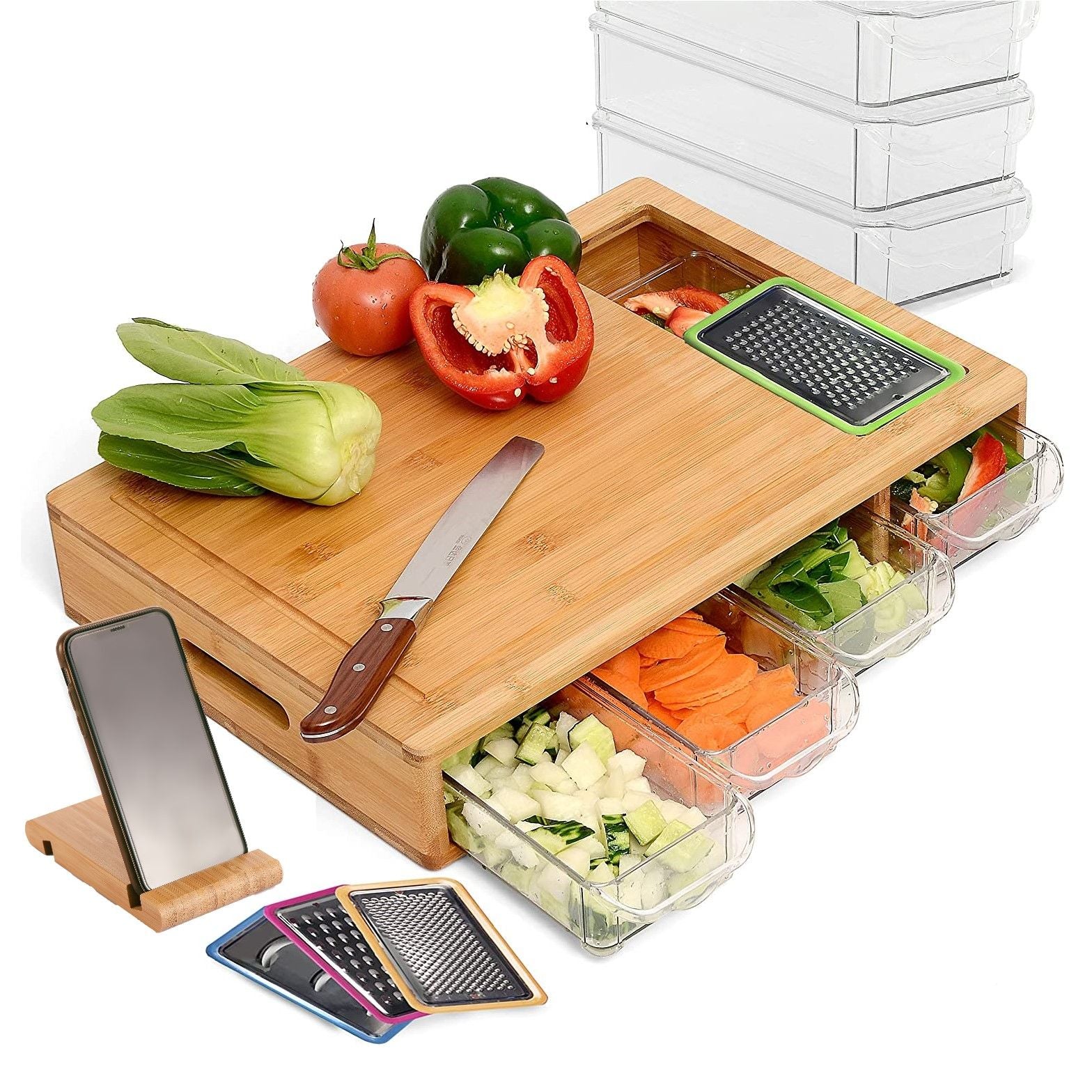 Large Bamboo Cutting Board and 4 Containers with Mobile Holder gift included for Home Kitchen Tristar Online