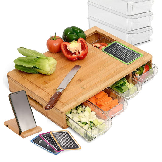 Large Bamboo Cutting Board and 4 Containers with Mobile Holder gift included for Home Kitchen Tristar Online