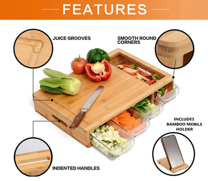 Large Bamboo Cutting Board and 4 Containers with Mobile Holder gift included for Home Kitchen Tristar Online