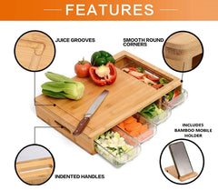 Large Bamboo Cutting Board and 4 Containers with Mobile Holder gift included for Home Kitchen Tristar Online