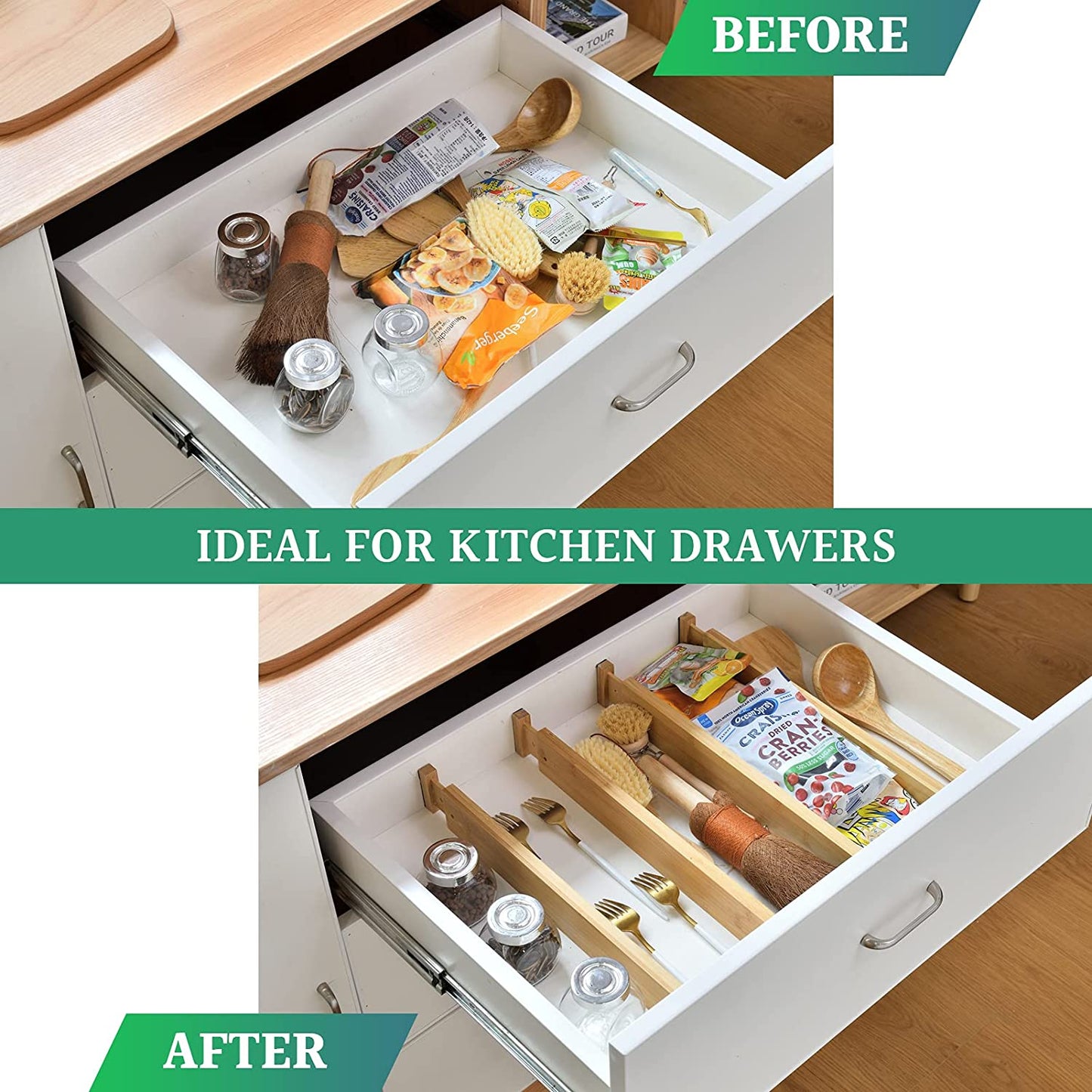 4 Pack Bamboo Adjustable Kitchen Drawer Dividers (Large, 44-55 cm) Tristar Online