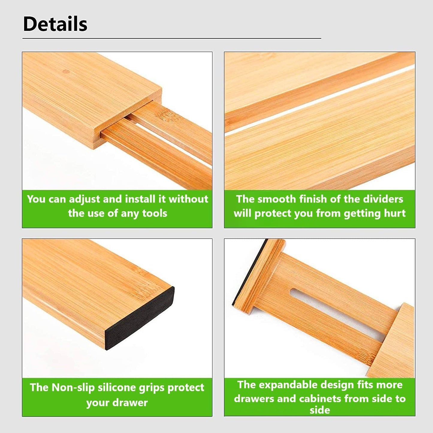 4 Pack Bamboo Adjustable Kitchen Drawer Dividers (Large, 44-55 cm) Tristar Online
