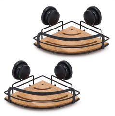 2 Pack Round Bamboo Corner Shower Caddy Shelf Basket Rack with Premium Vacuum Suction Cup No-Drilling for Bathroom and Kitchen Tristar Online