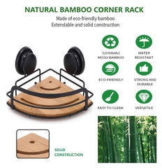 2 Pack Round Bamboo Corner Shower Caddy Shelf Basket Rack with Premium Vacuum Suction Cup No-Drilling for Bathroom and Kitchen Tristar Online