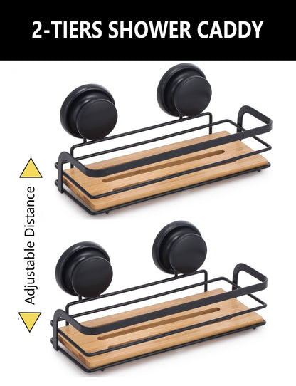 2 Pack Rectangular Bamboo Corner Shower Caddy Shelf Basket Rack with Premium Vacuum Suction Cup No-Drilling for Bathroom and Kitchen Tristar Online