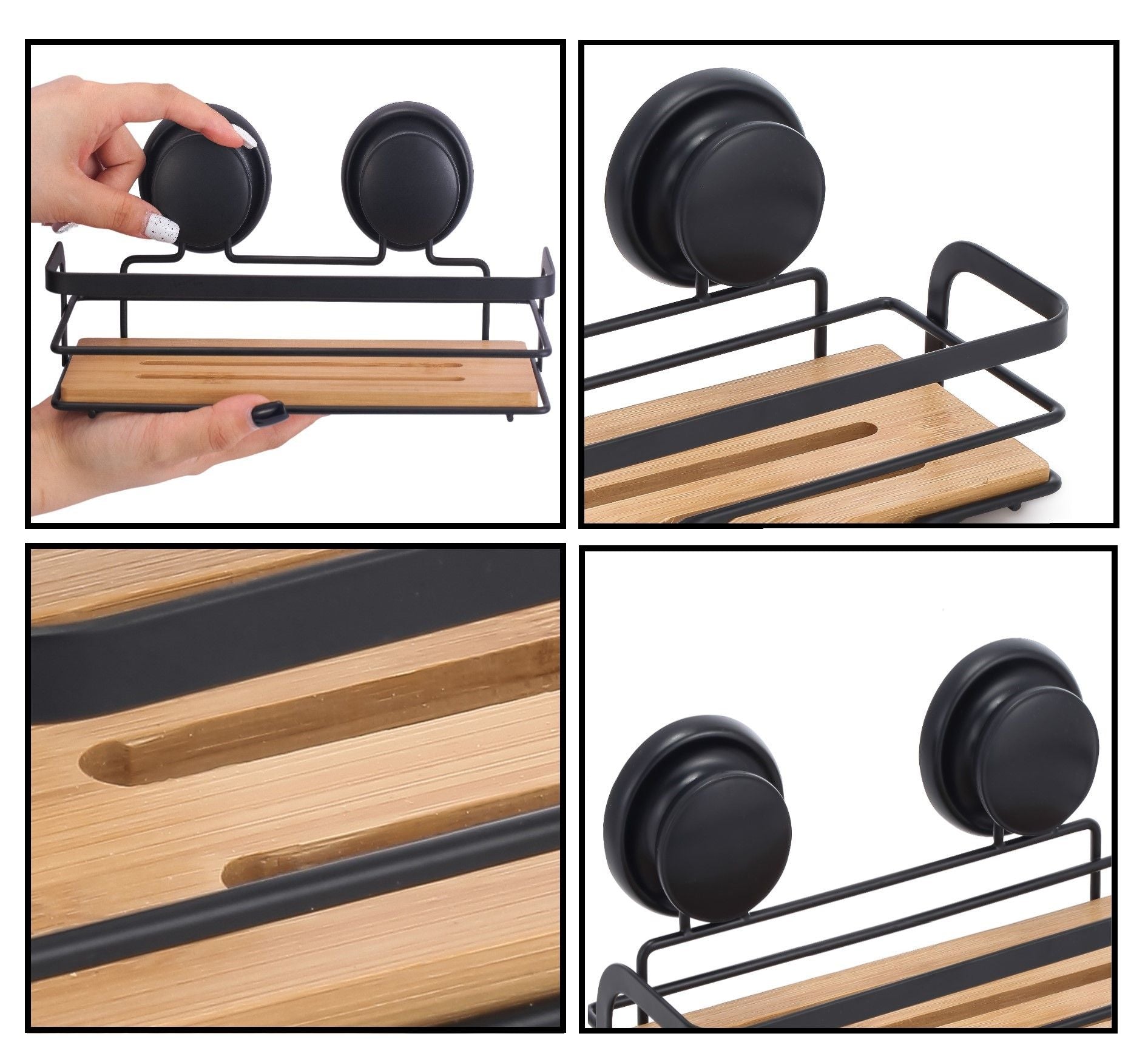 2 Pack Rectangular Bamboo Corner Shower Caddy Shelf Basket Rack with Premium Vacuum Suction Cup No-Drilling for Bathroom and Kitchen Tristar Online