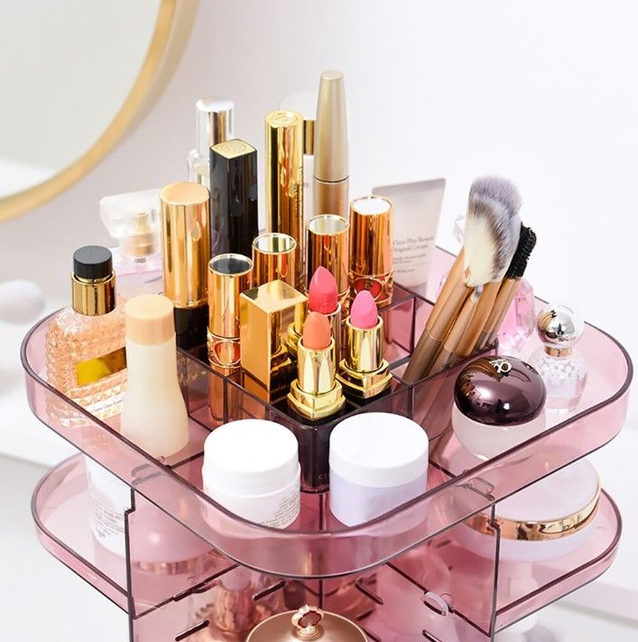 360 Rotating Large Capacity Makeup Organizer for Bedroom and Bathroom (Pink) Tristar Online