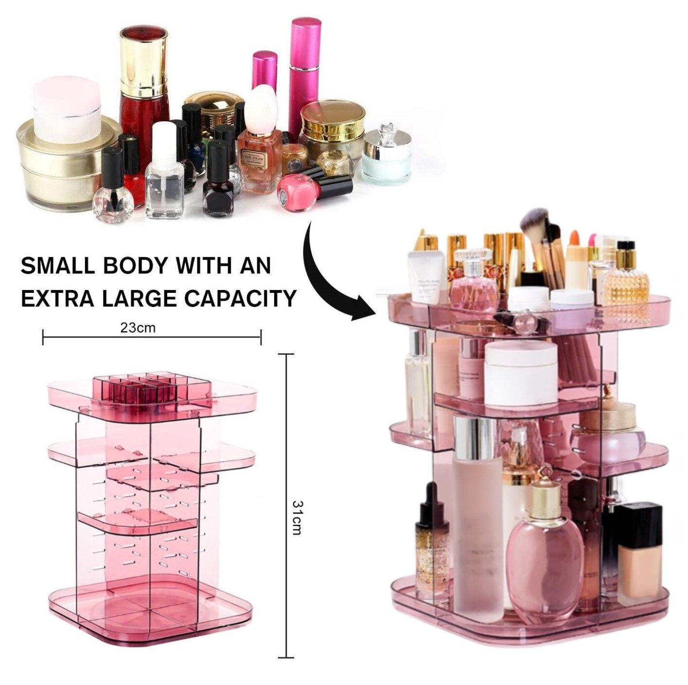 360 Rotating Large Capacity Makeup Organizer for Bedroom and Bathroom (Pink) Tristar Online