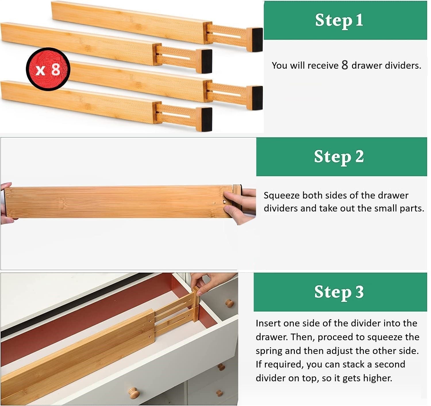 8 Pack Bamboo Adjustable Kitchen Drawer Dividers (Large, 44-55 cm) Tristar Online