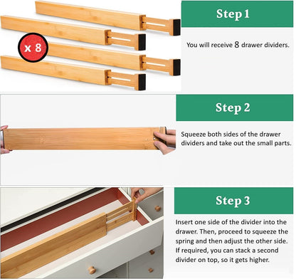 8 Pack Bamboo Adjustable Kitchen Drawer Dividers (Large, 44-55 cm) Tristar Online