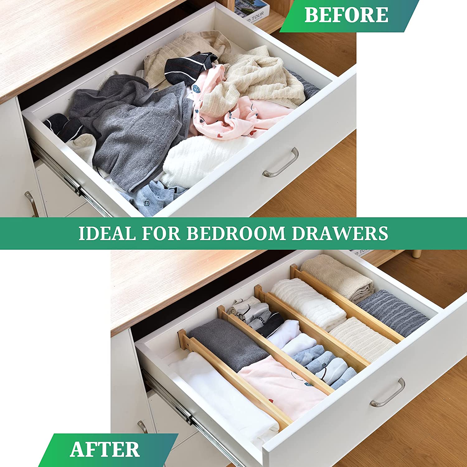 8 Pack Bamboo Adjustable Kitchen Drawer Dividers (Large, 44-55 cm) Tristar Online