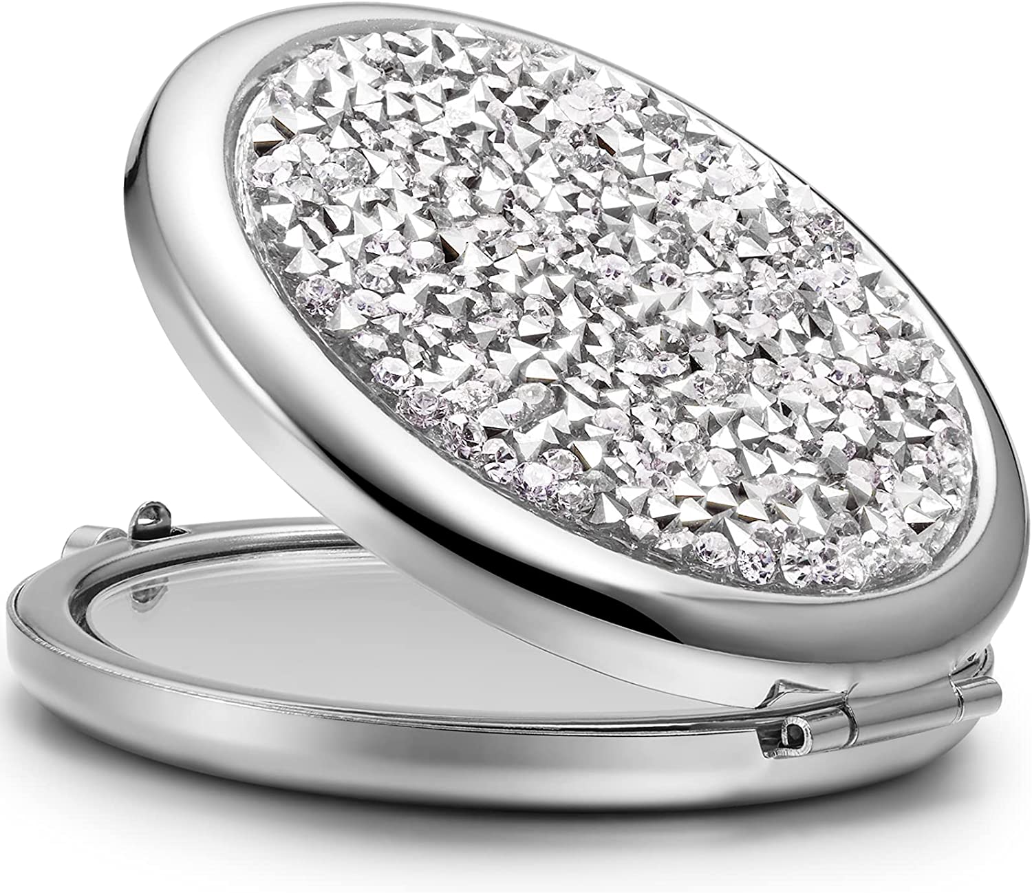Mini Mix Diamond 1X/2X Magnifying Round Metal Pocket Makeup Mirror (Silver) Tristar Online