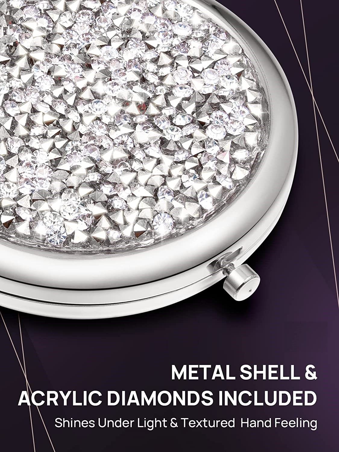 Mini Mix Diamond 1X/2X Magnifying Round Metal Pocket Makeup Mirror (Silver) Tristar Online