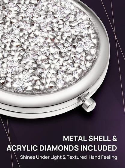 Mini Mix Diamond 1X/2X Magnifying Round Metal Pocket Makeup Mirror (Silver) Tristar Online