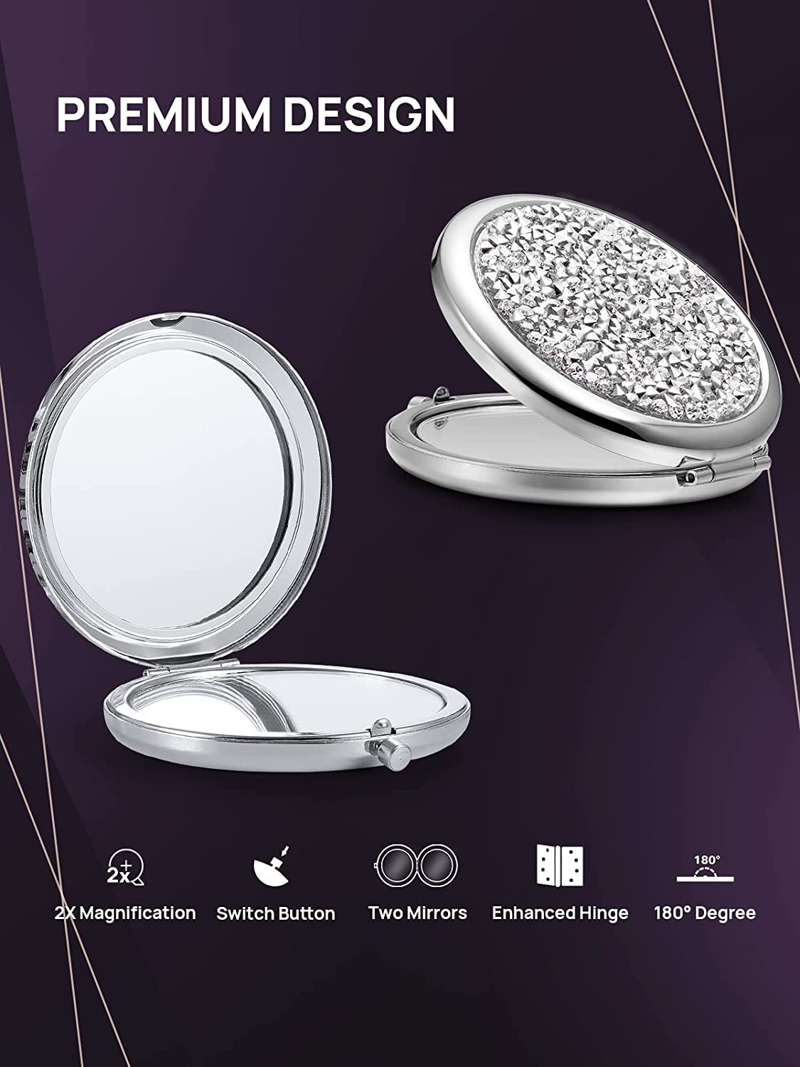 Mini Mix Diamond 1X/2X Magnifying Round Metal Pocket Makeup Mirror (Silver) Tristar Online