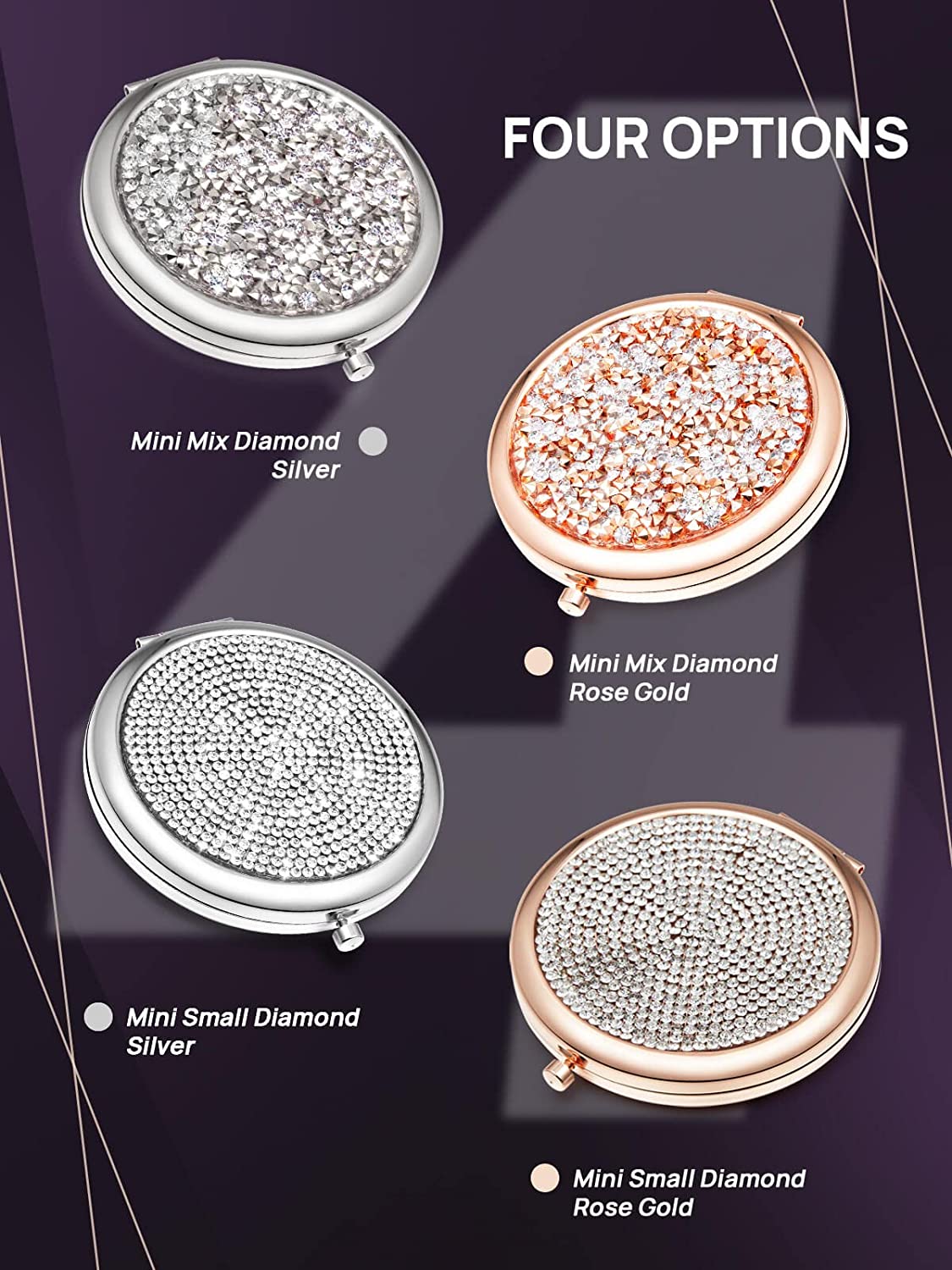 Mini Mix Diamond 1X/2X Magnifying Round Metal Pocket Makeup Mirror (Silver) Tristar Online