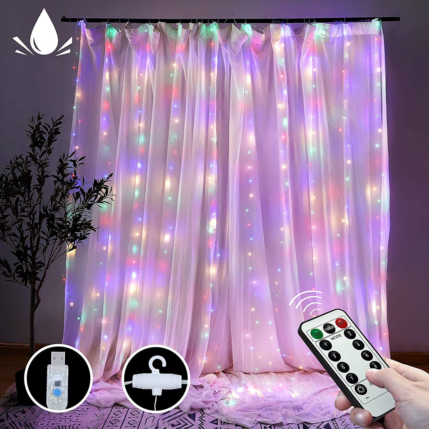 300 LEDs Window Curtain Fairy Lights 8 Modes and Remote Control for Bedroom (Multicolor, 300 x 300cm) Tristar Online