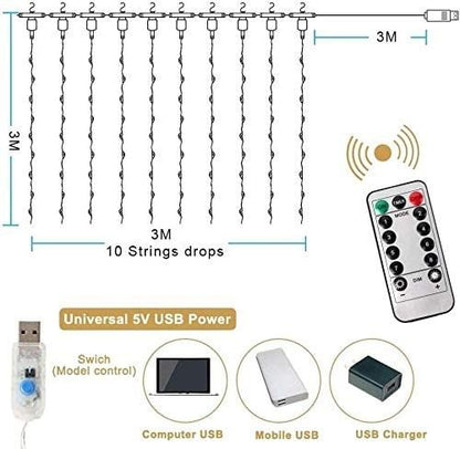 300 LEDs Window Curtain Fairy Lights 8 Modes and Remote Control for Bedroom (Multicolor, 300 x 300cm) Tristar Online