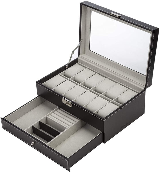 Black Leather Watch Box Jewelry Display Case with Drawers (12 Slots with 2 Layers) Tristar Online