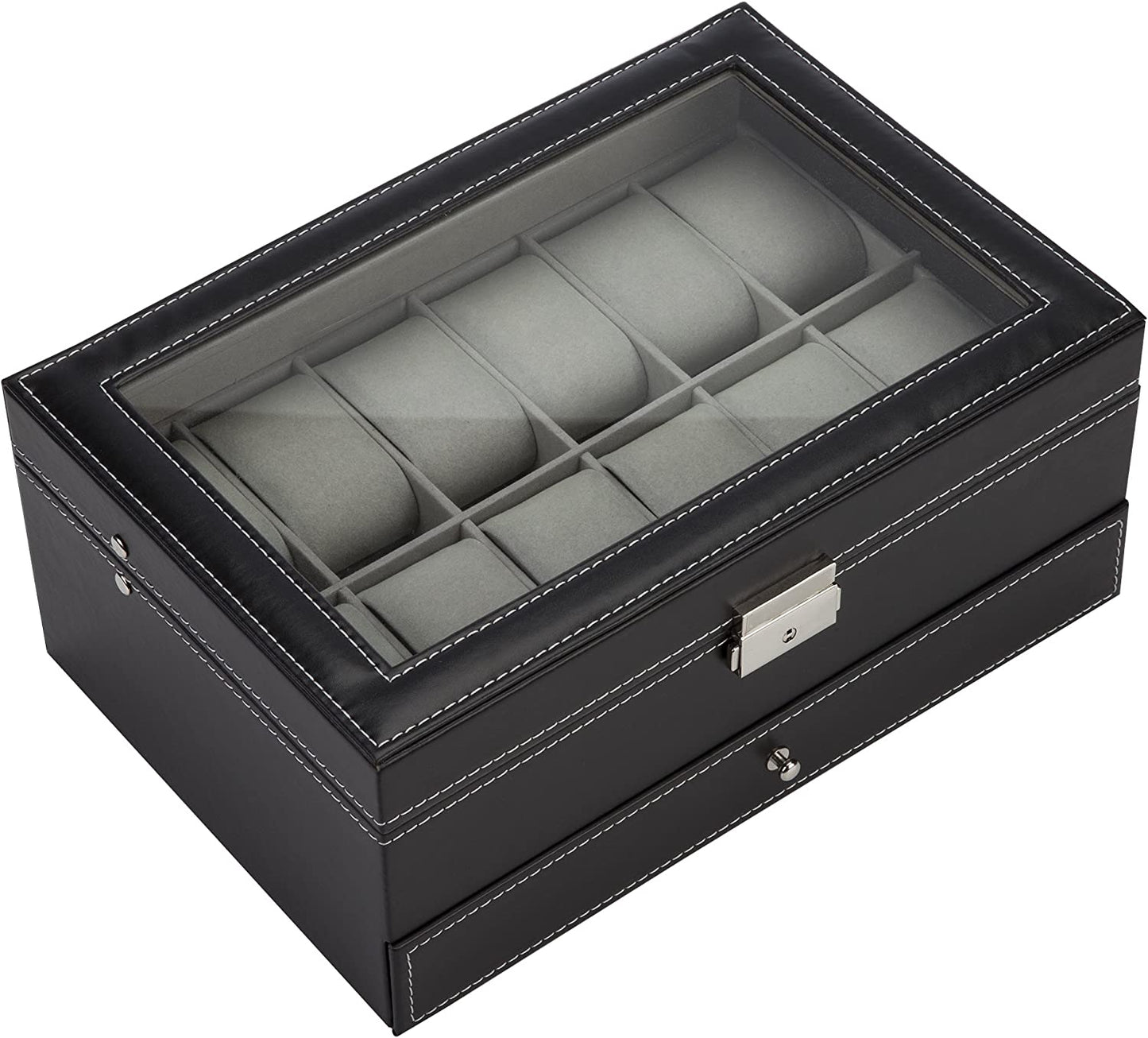 Black Leather Watch Box Jewelry Display Case with Drawers (12 Slots with 2 Layers) Tristar Online