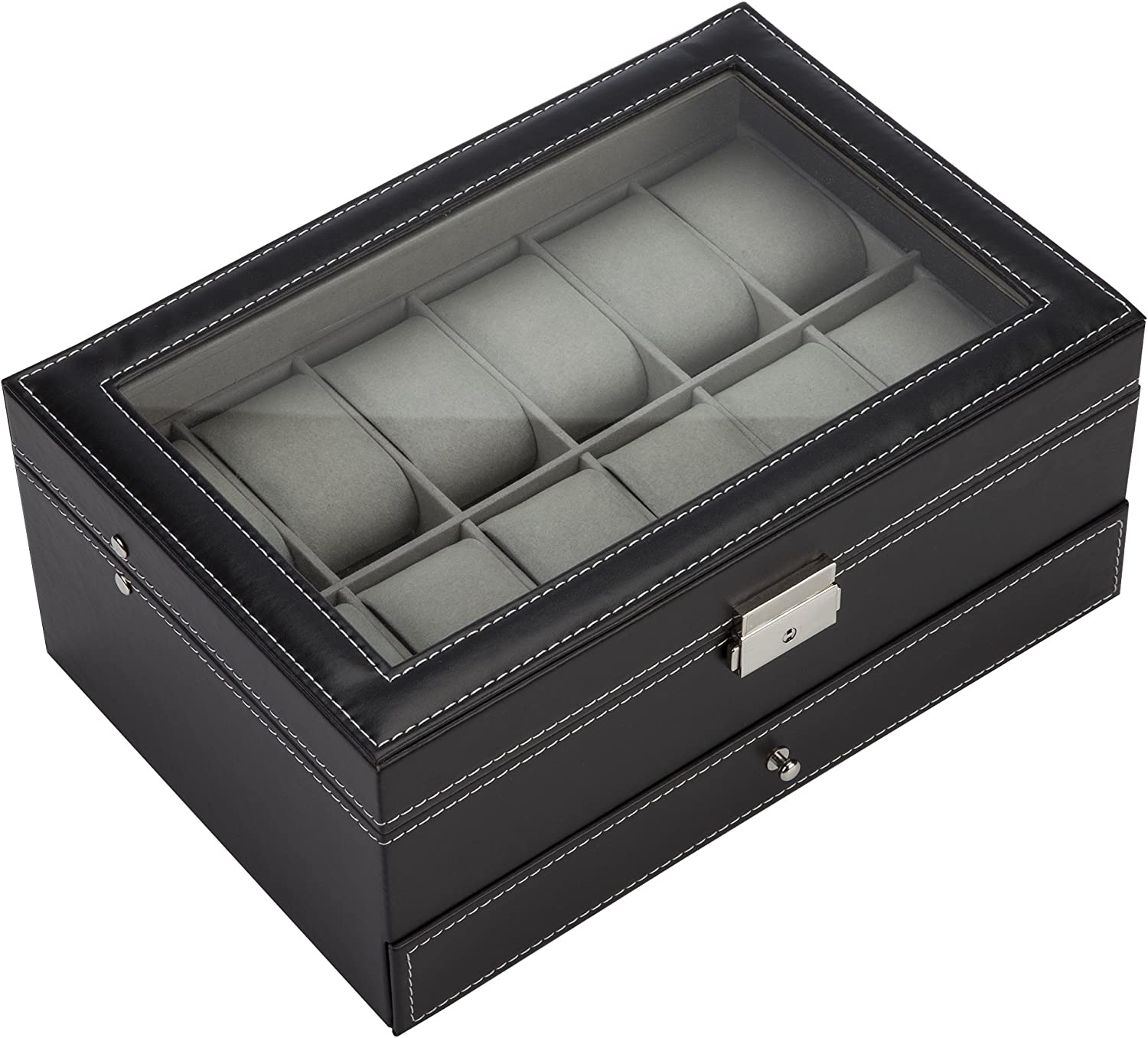 Black Leather Watch Box Jewelry Display Case with Drawers (12 Slots with 2 Layers) Tristar Online