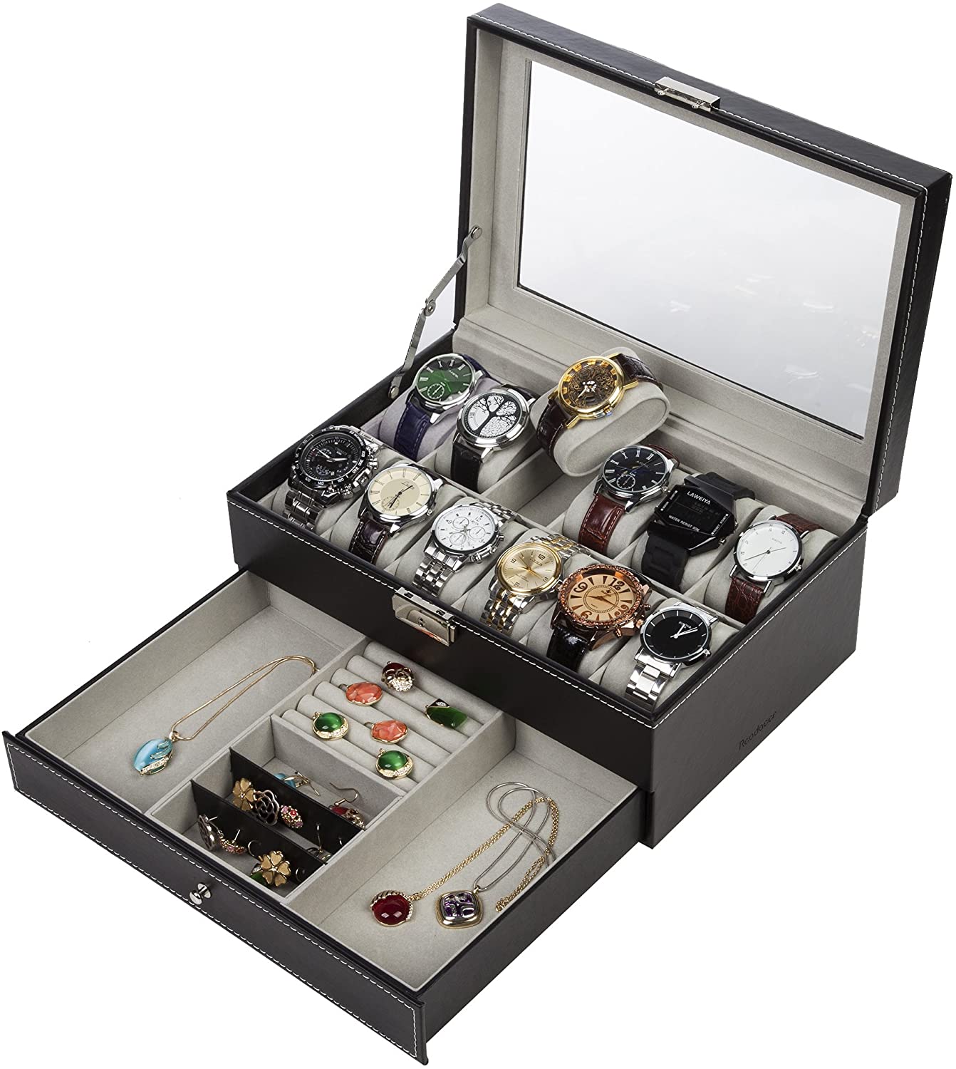 Black Leather Watch Box Jewelry Display Case with Drawers (12 Slots with 2 Layers) Tristar Online