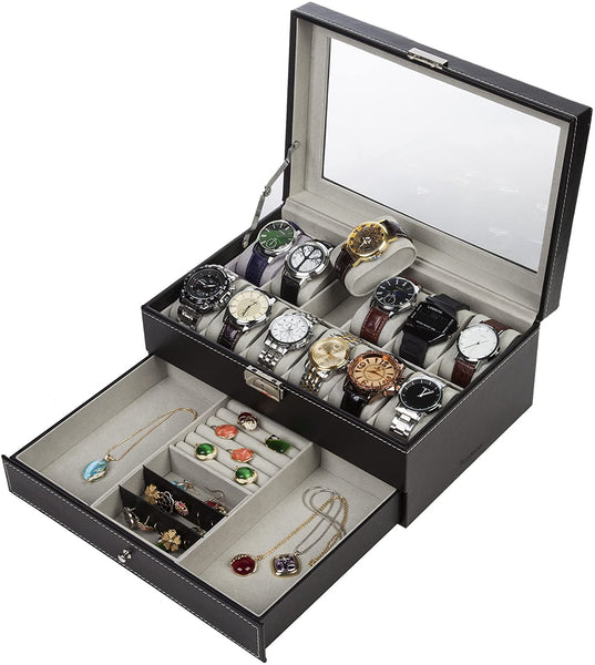 Black Leather Watch Box Jewelry Display Case with Drawers (12 Slots with 2 Layers) Tristar Online