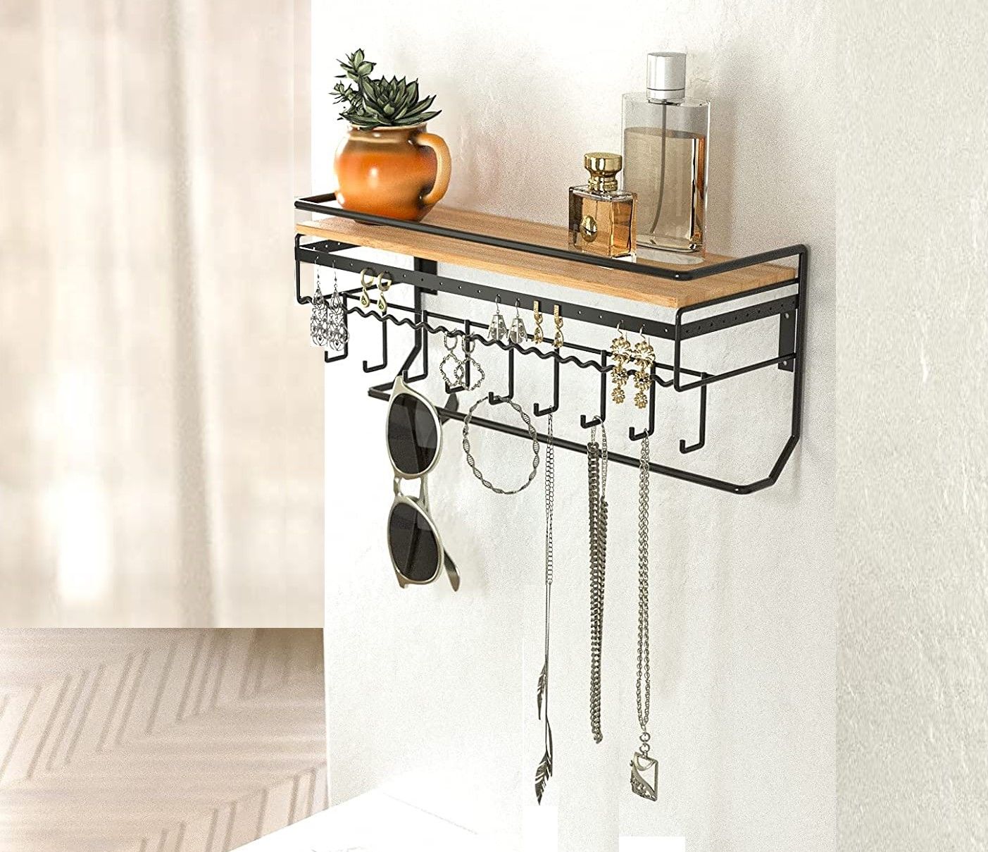 Wall Mount Hanging Jewelry Organizer with 9 Hooks (Black Metal) Tristar Online