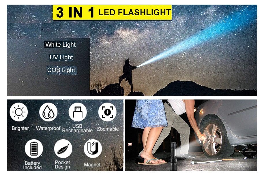 7 Modes Waterproof Rechargeable UV Light Flashlight Torch for Camping Tristar Online