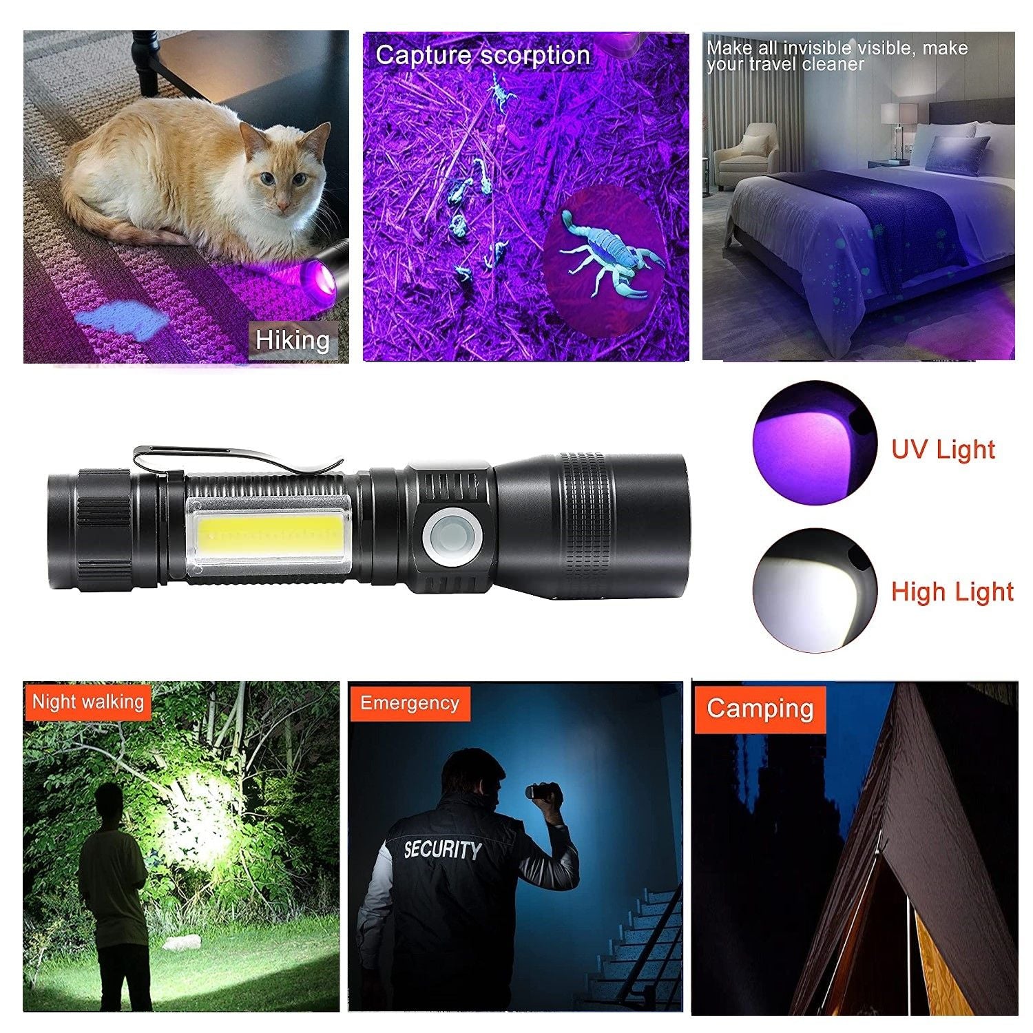 7 Modes Waterproof Rechargeable UV Light Flashlight Torch for Camping Tristar Online