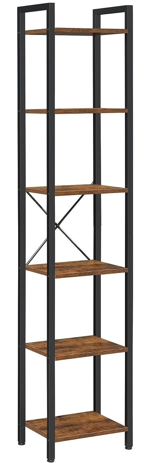 Small 6-Tier Industrial Bookshelf, Rustic Brown, Black Tristar Online