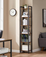 Small 6-Tier Industrial Bookshelf, Rustic Brown, Black Tristar Online