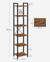 Small 6-Tier Industrial Bookshelf, Rustic Brown, Black Tristar Online