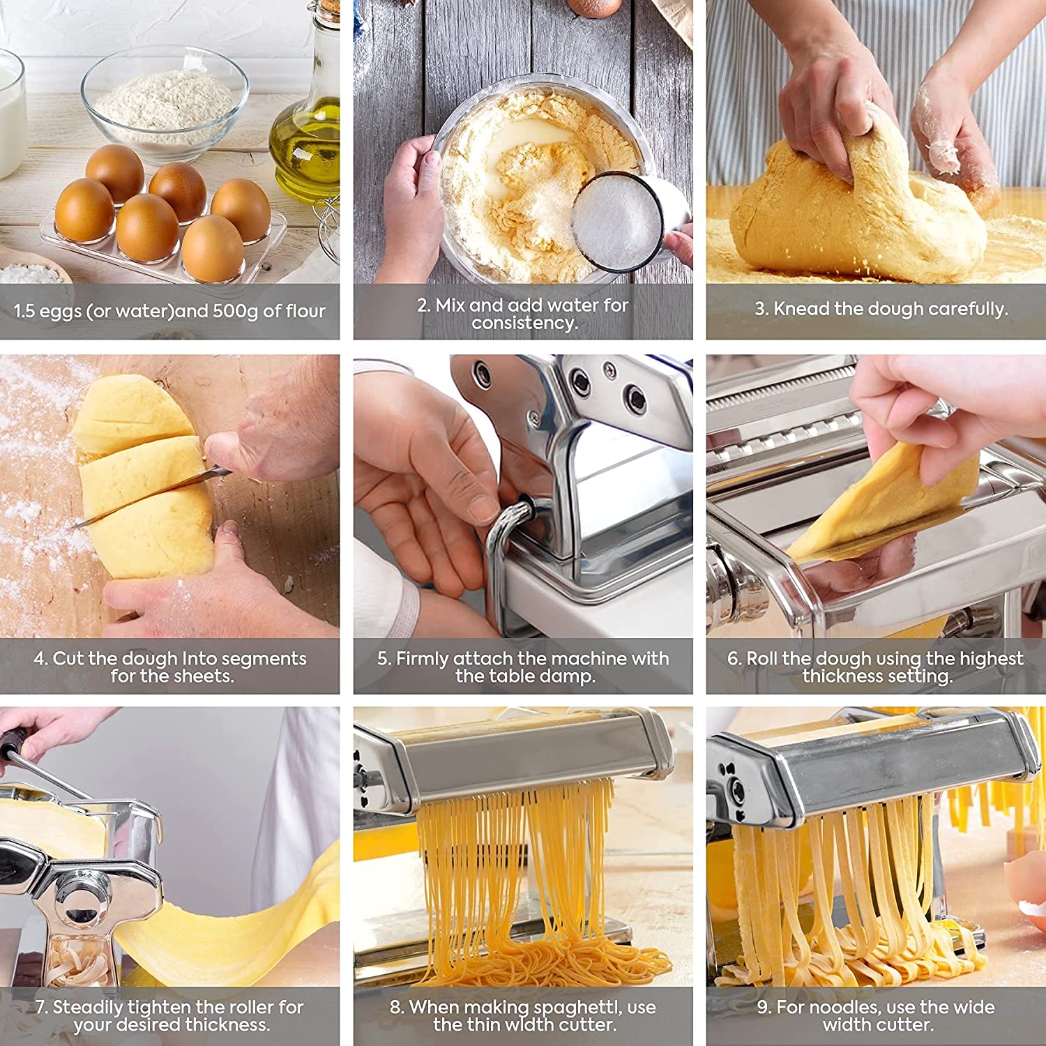 VIKUS Pasta Maker Manual Steel Machine with 8 Adjustable Thickness Settings Tristar Online