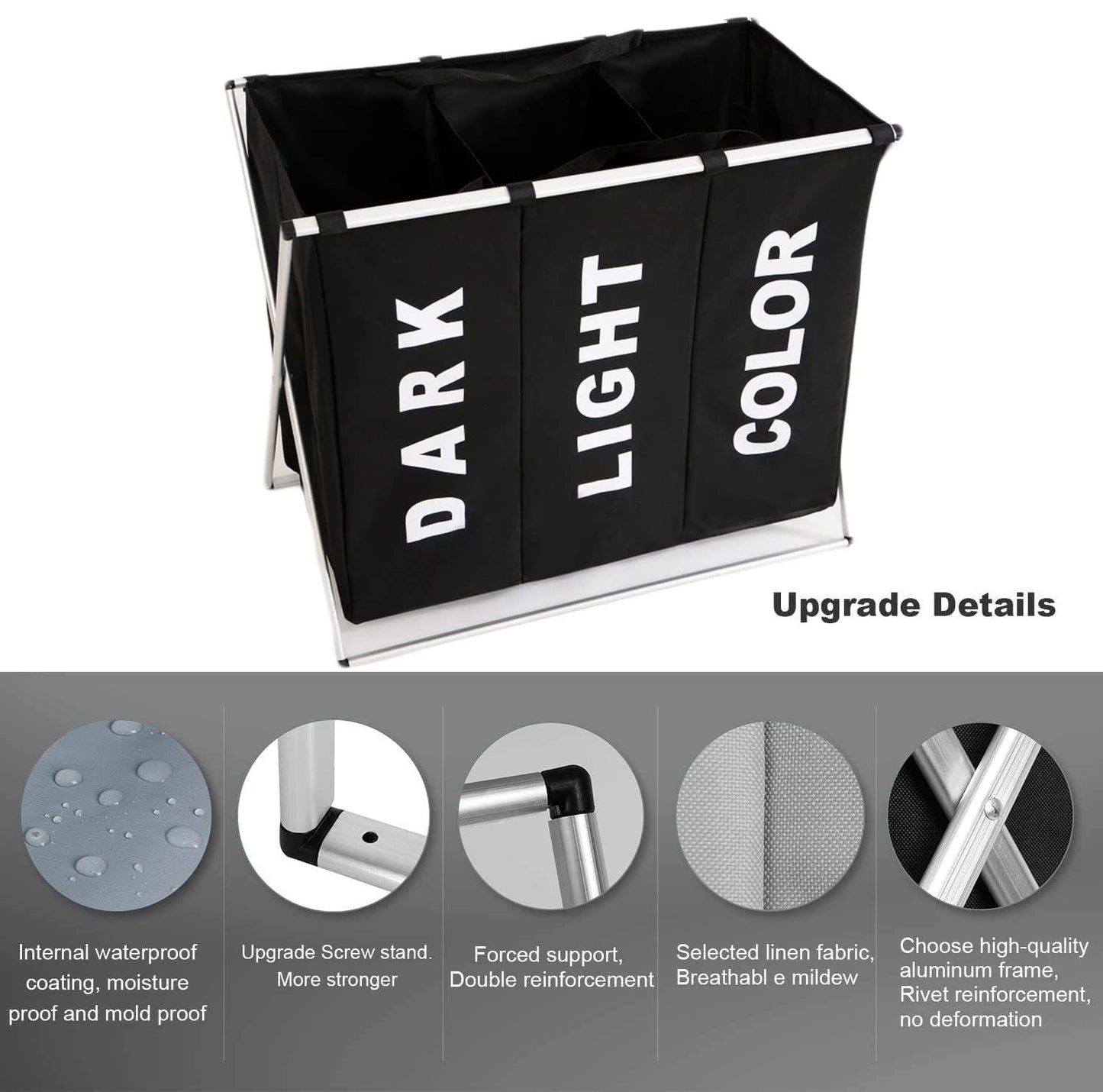 3 in 1 Large 135L Laundry Clothes Hamper Basket with Waterproof bags and Aluminum Frame (Black) Tristar Online