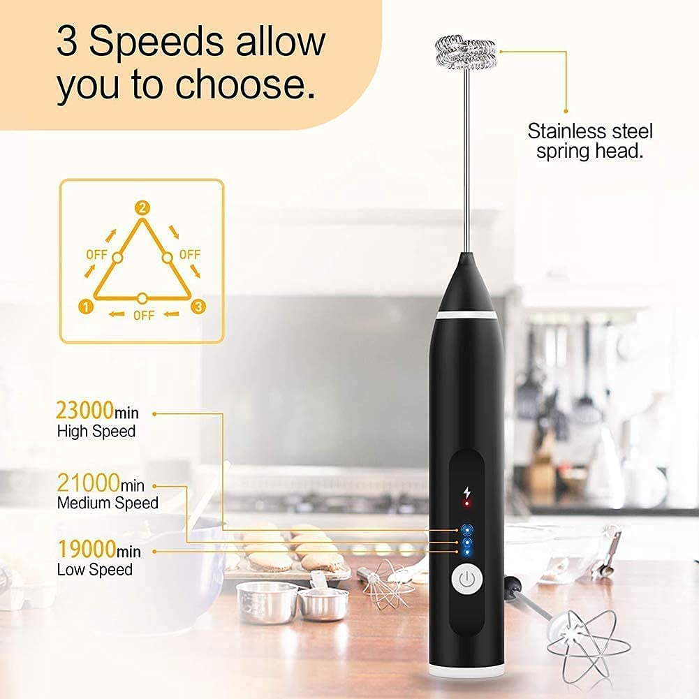 Black Rechargeable Electric Milk Frother Handheld (3 Speeds) Tristar Online