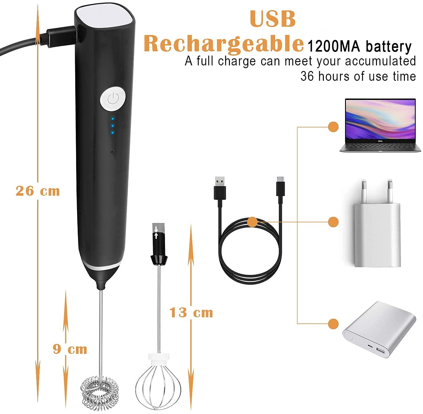 Black Rechargeable Electric Milk Frother Handheld (3 Speeds) Tristar Online