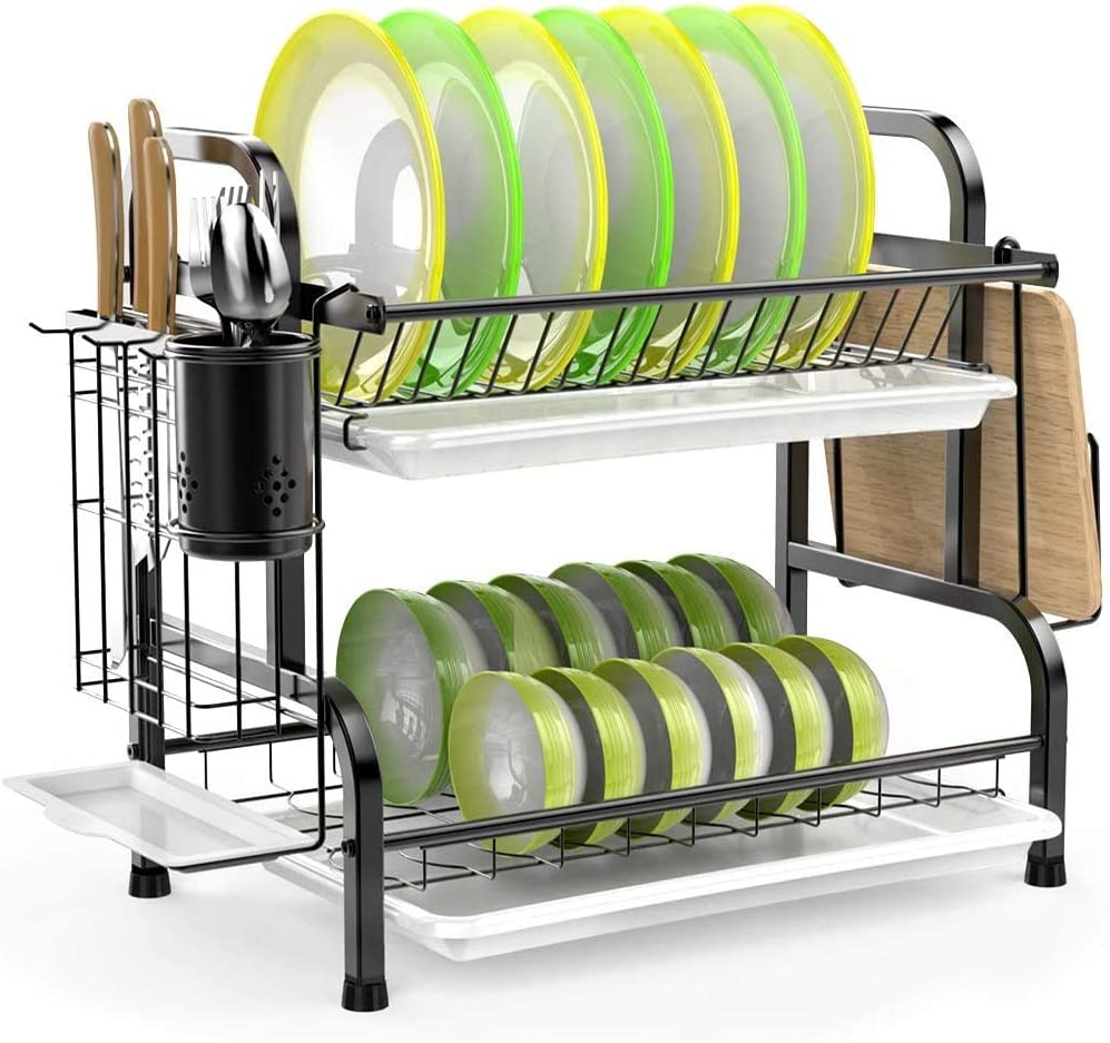 Stainless Steel 2-Tier Dish Drying Rack with Utensil Holder, Cutting Board Holder and Dish Drainer for Kitchen Counter (Black) Tristar Online