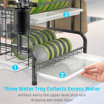 Stainless Steel 2-Tier Dish Drying Rack with Utensil Holder, Cutting Board Holder and Dish Drainer for Kitchen Counter (Black) Tristar Online