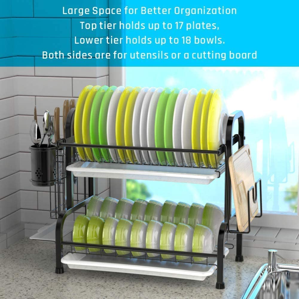 Stainless Steel 2-Tier Dish Drying Rack with Utensil Holder, Cutting Board Holder and Dish Drainer for Kitchen Counter (Black) Tristar Online